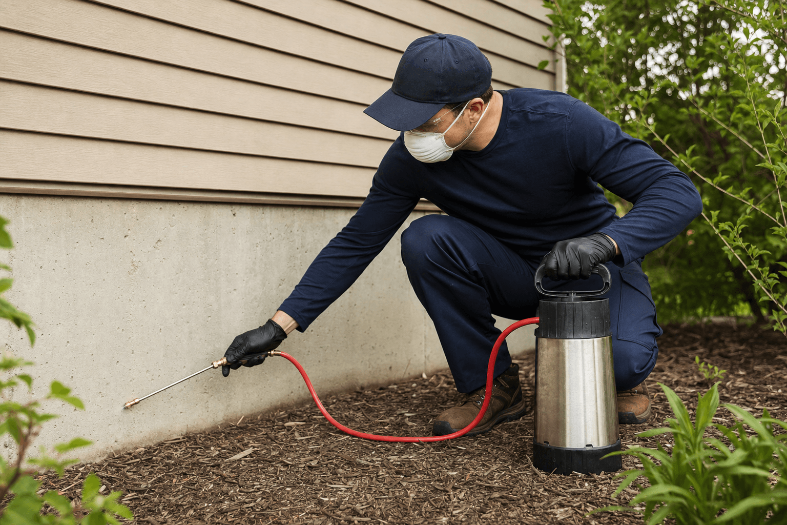 Pest control technician consulting with a homeowner at a residential property