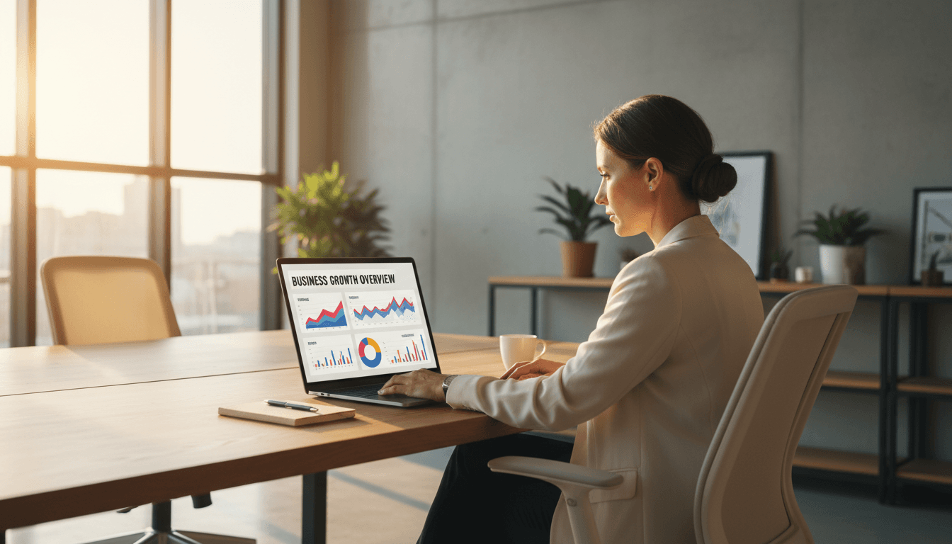Business professional reviewing lead generation data on a laptop in a bright modern office