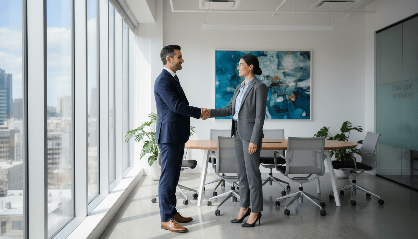 Professional handshake in modern office setting