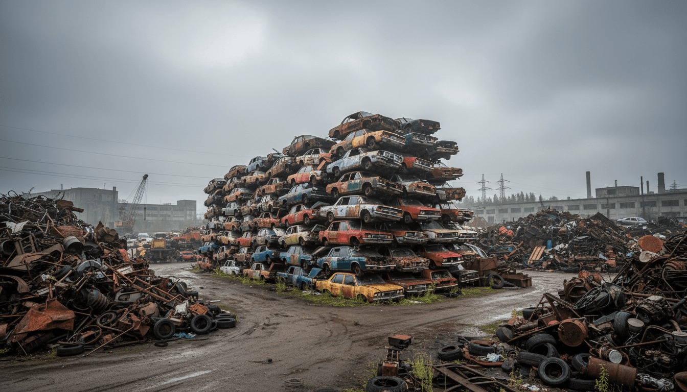 Junkyard with stack of old cars under cloudy sky, industrial lot with scrap metal
