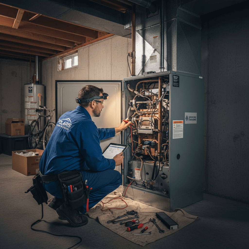 HVAC technician inspecting furnace in residential basement with clipboard