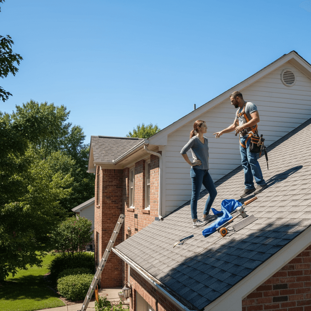 Contractor pointing at a roof while talking to a homeowner