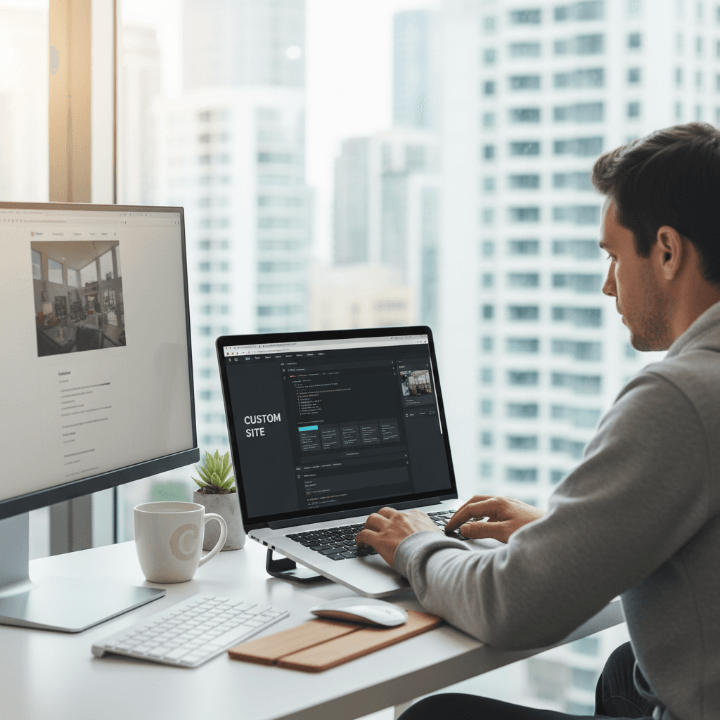 Web developer building a custom website on a laptop with a clean workspace