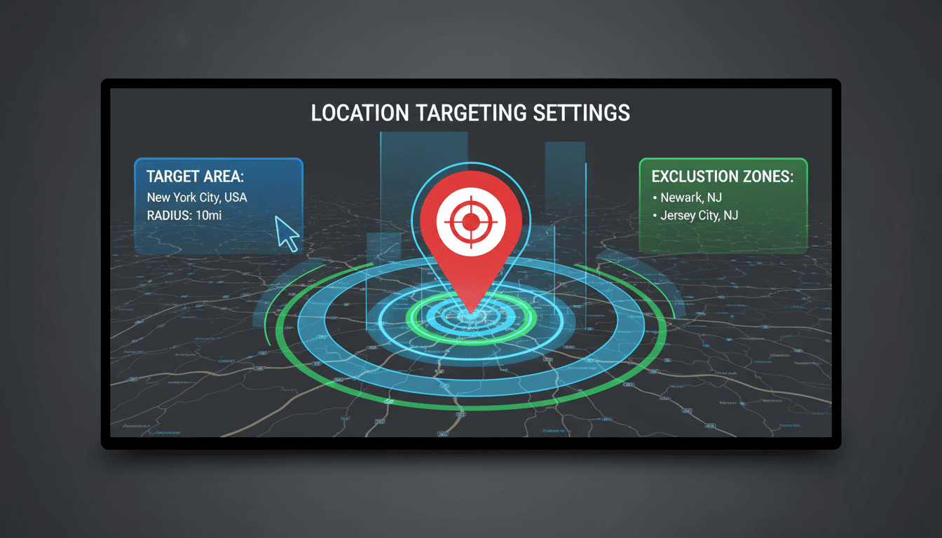 Close-up of a digital map pin on a tablet screen showing location targeting controls