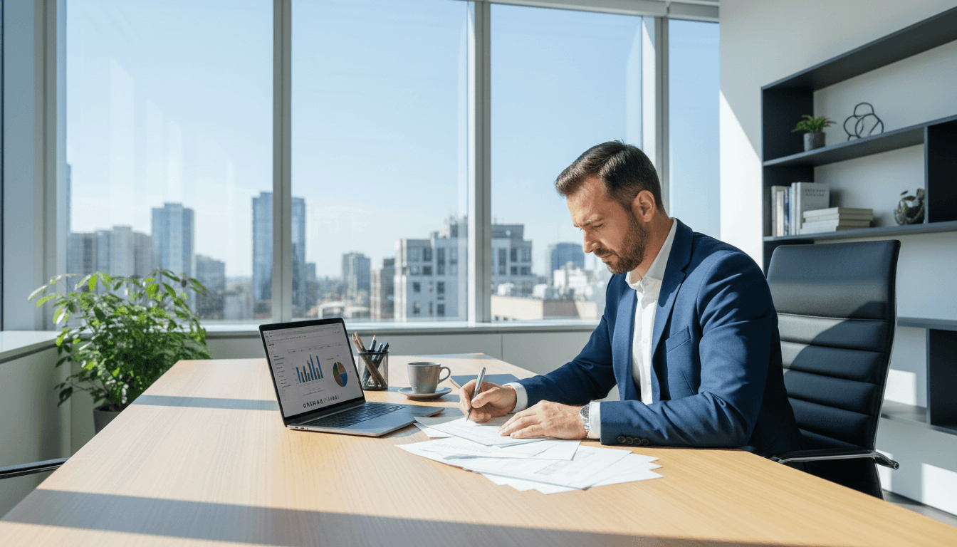 Business professional reviewing account diagnostics on laptop and papers