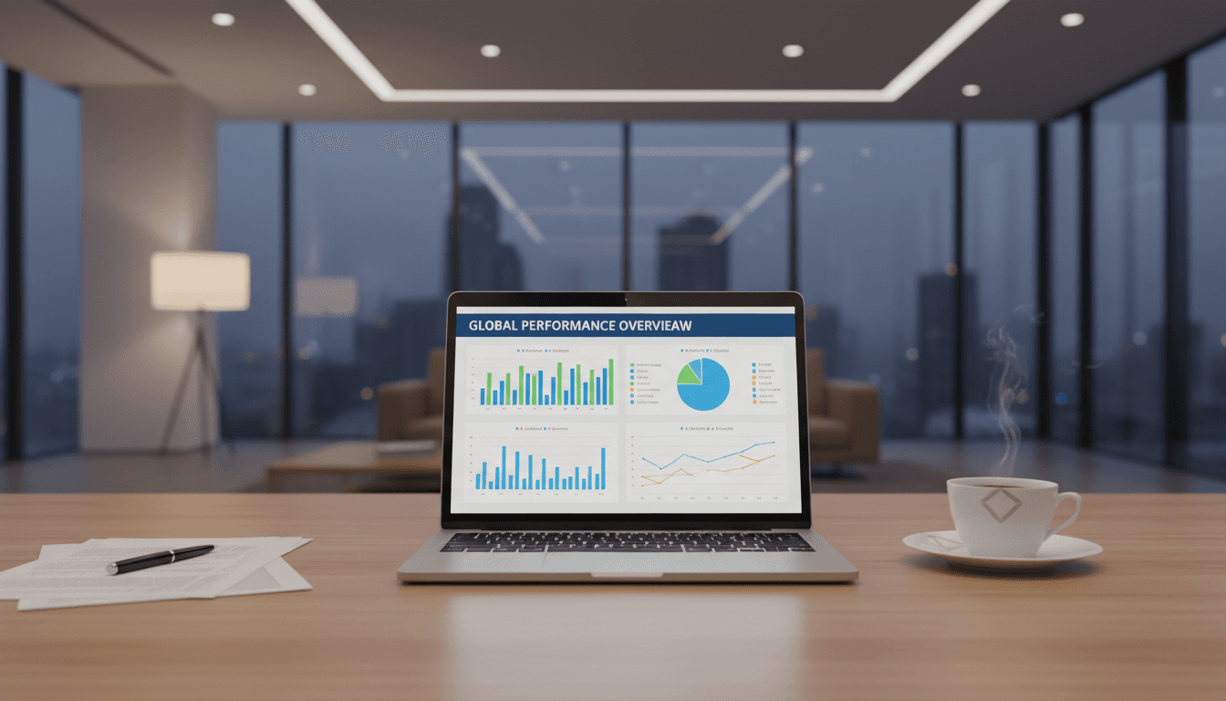 professional business desk with laptop showing analytics dashboard and a coffee cup in a modern office with warm lighting