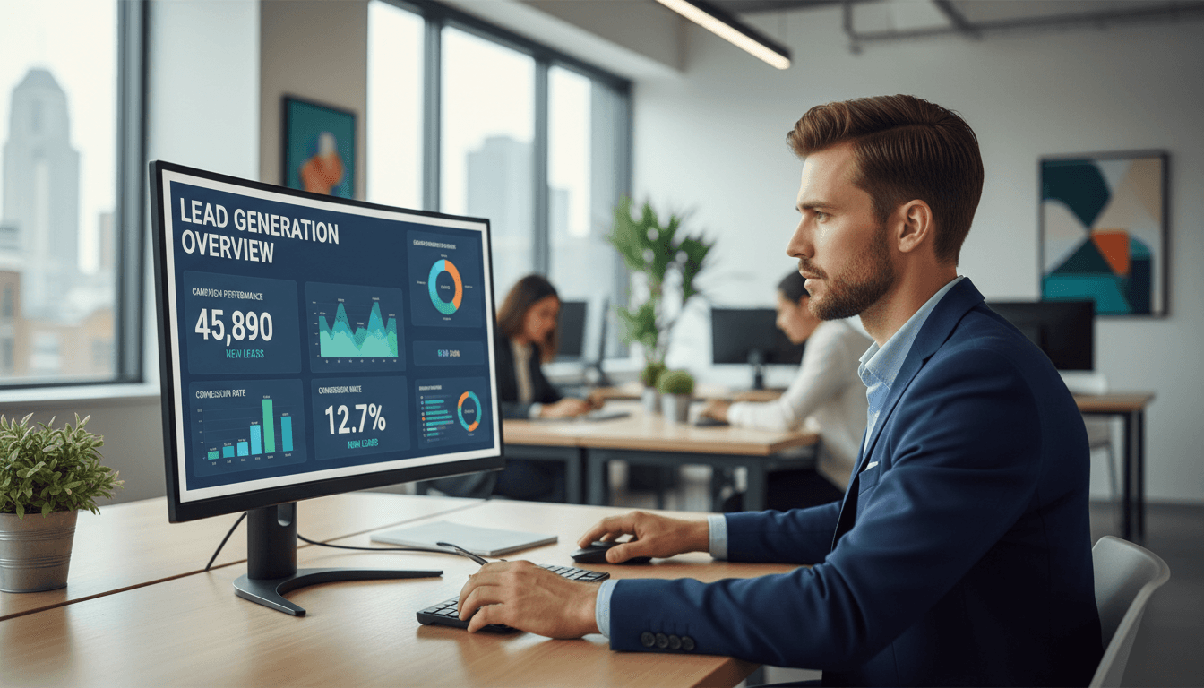 Lead generation specialist reviewing analytics on computer screen in a modern office