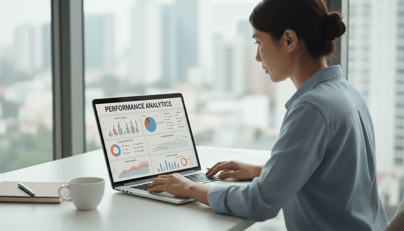 Marketing specialist reviewing data on laptop with charts and analytics in a modern office