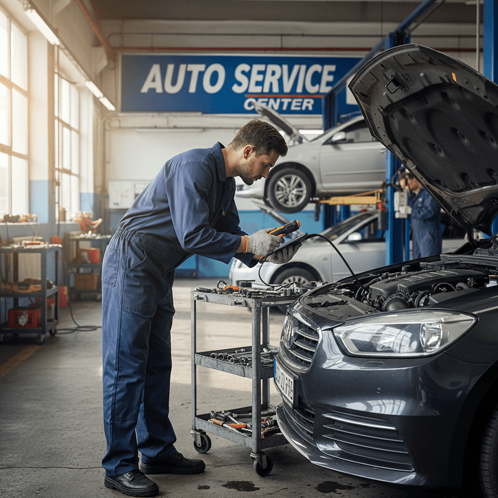 Mechanic inspecting car engine in auto repair shop with bright workshop lighting