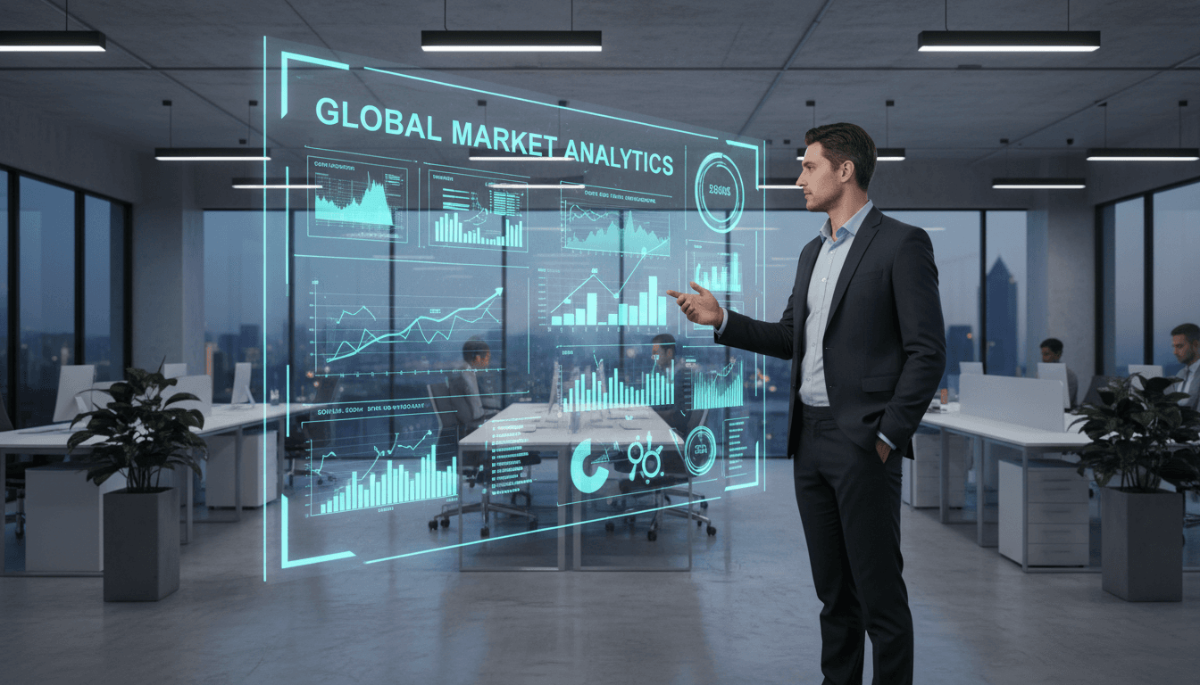 Professional reviewing data analytics on a digital screen in a modern office