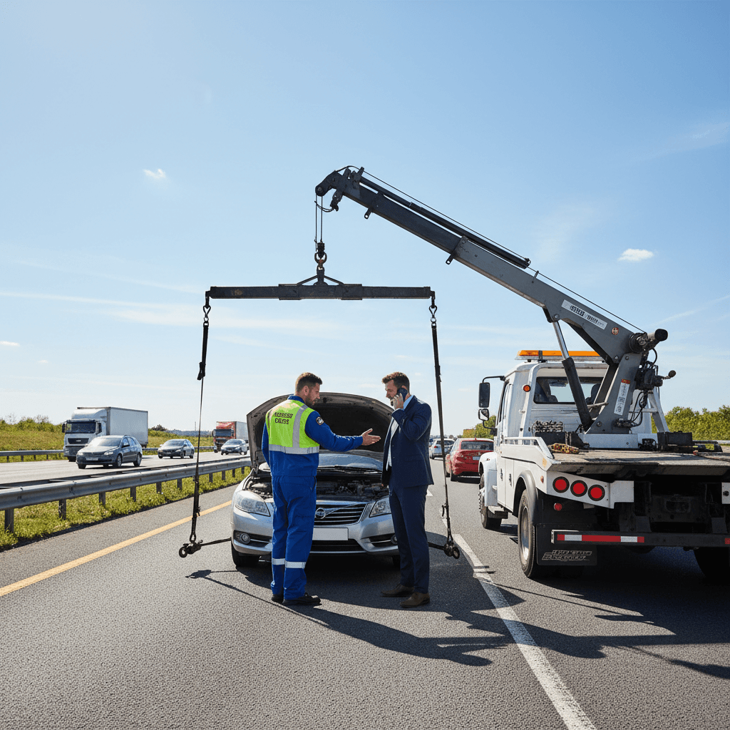 Tow truck driver standing next to a vehicle on a roadside with a customer