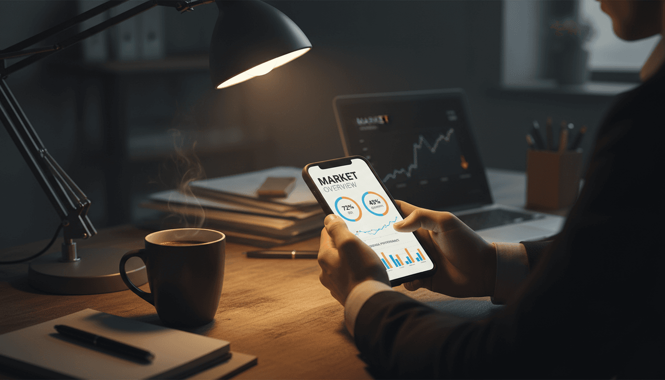 Hands holding a smartphone showing a marketing dashboard in a dark, focused office
