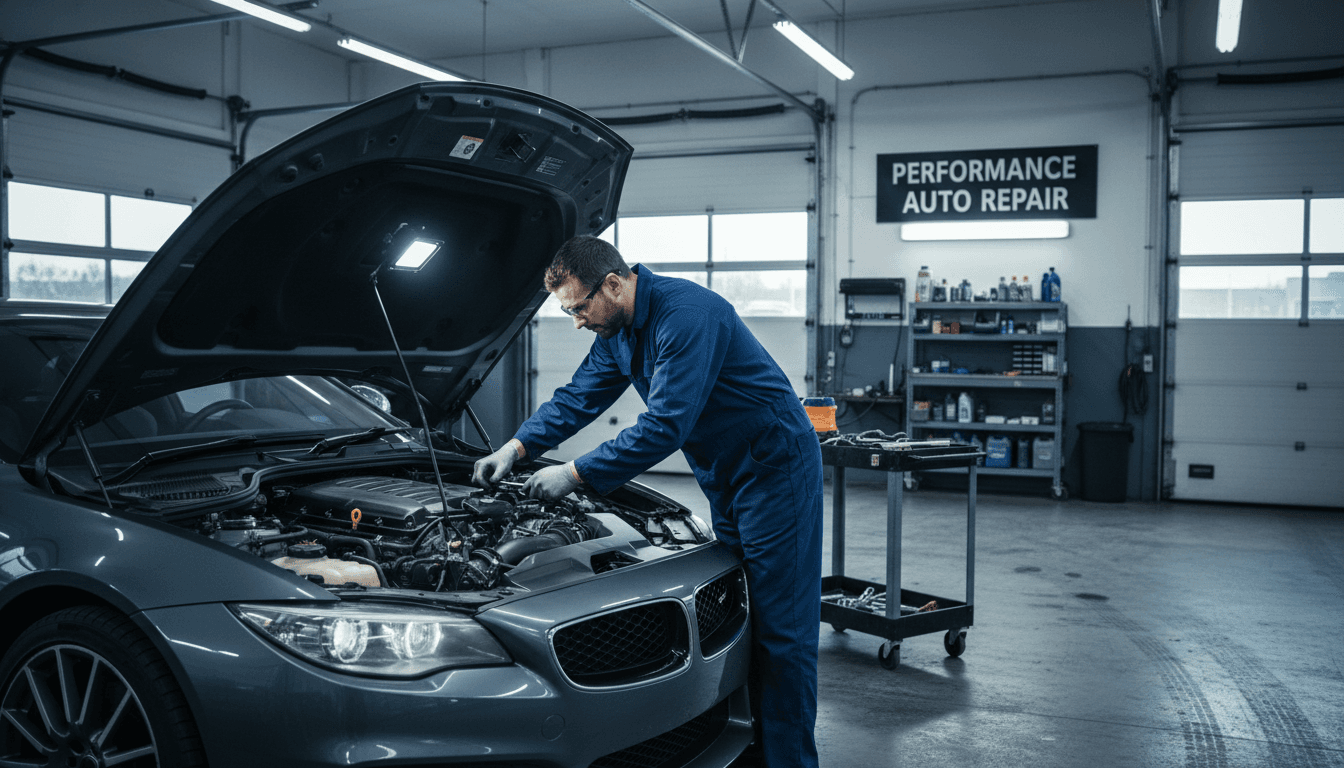 Bright auto service bay with a vehicle on a lift