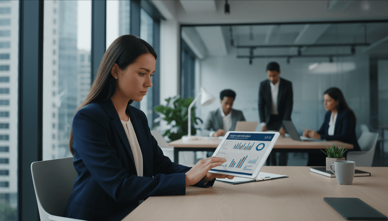 Professional reviewing a report on a tablet in a bright, modern office