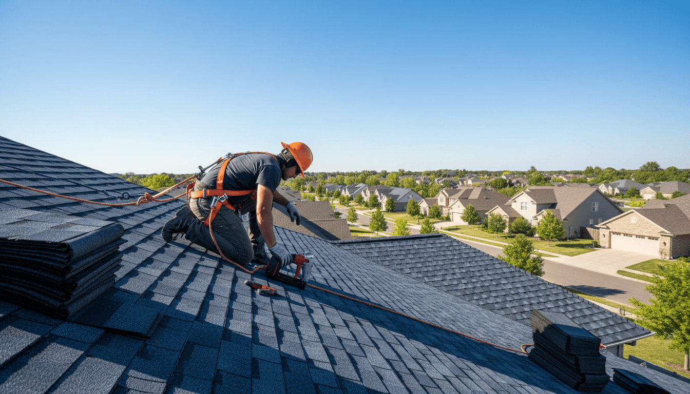 Roofer working on a residential roof with shingles and safety equipment