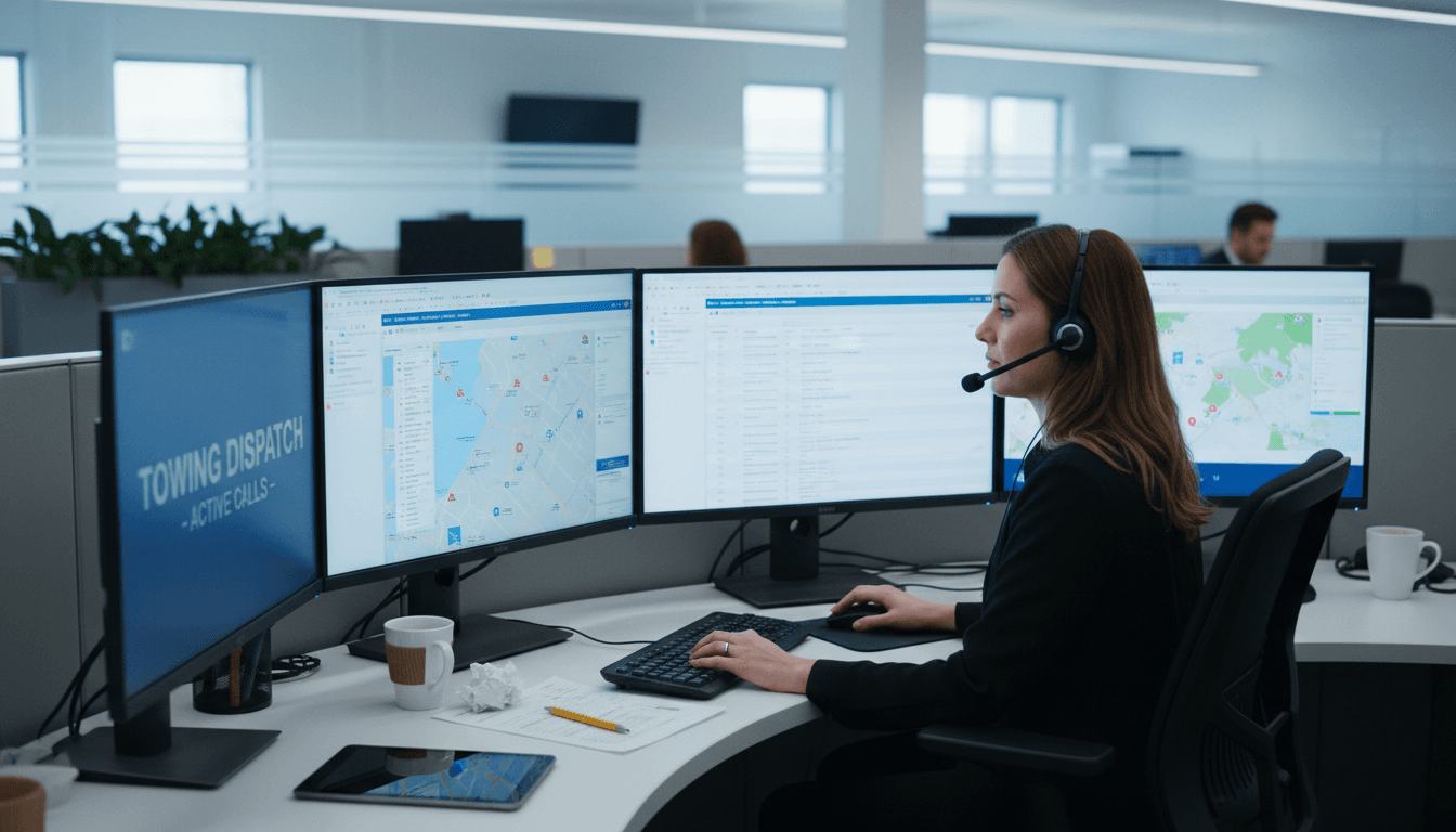 Towing dispatcher working at desk with headset and monitors