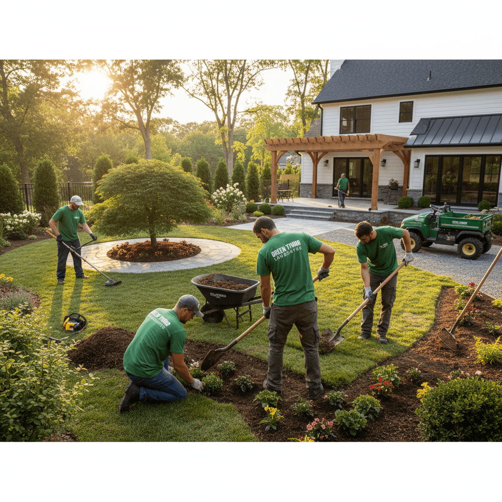 Landscaping team working on residential garden with green equipment