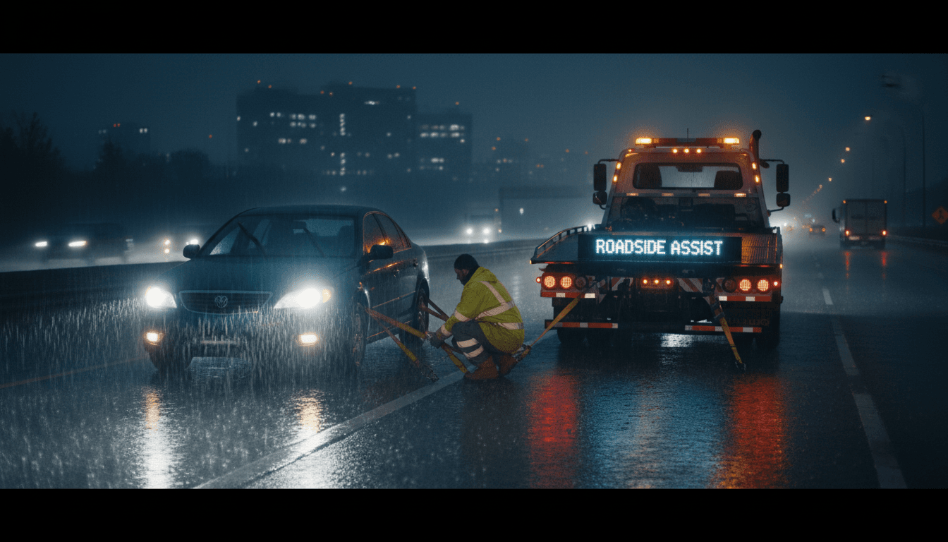Tow truck assisting a vehicle on a dark highway, headlights glowing and rain falling