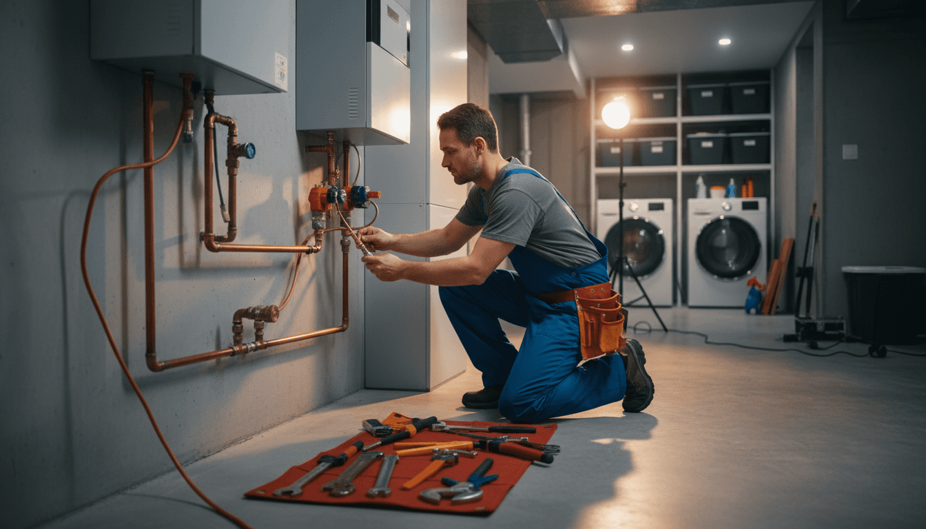 Plumber working on pipes in a residential basement