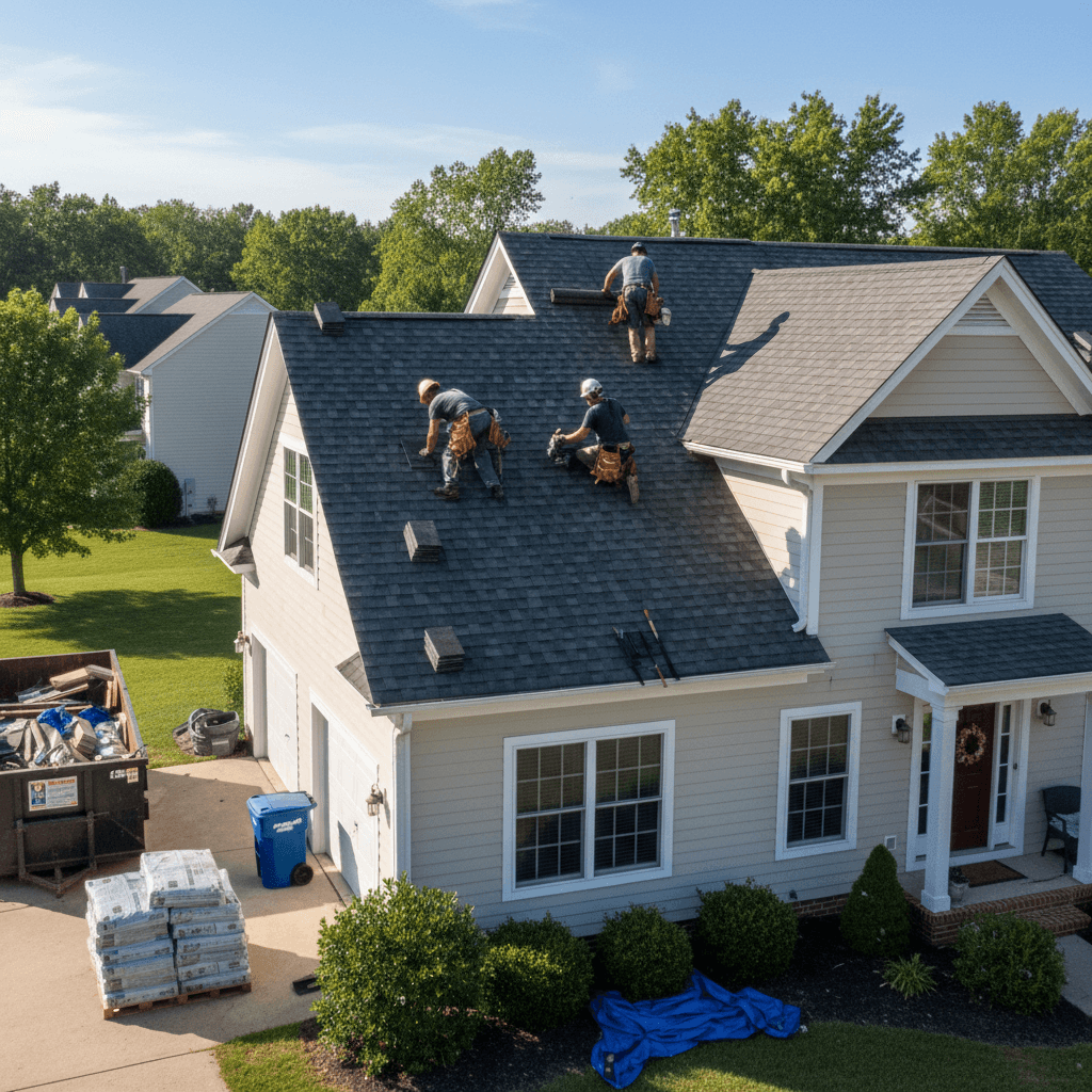 Roofing crew installing shingles on residential home with safety gear