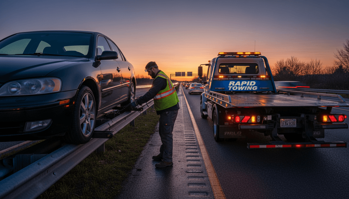 Professional tow truck driver hooking up a car on the roadside