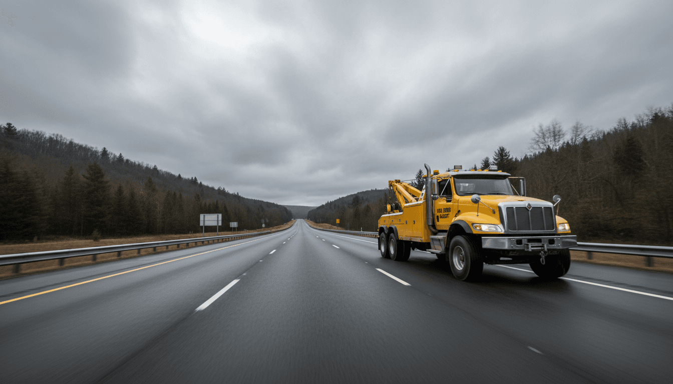 Open highway seen through windshield of a towing truck