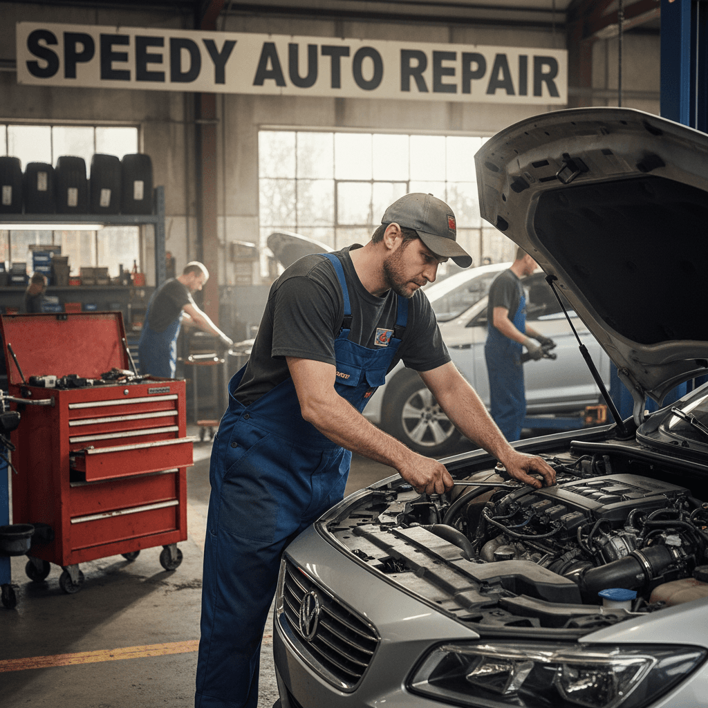 Mechanic in uniform checking under the hood of a car