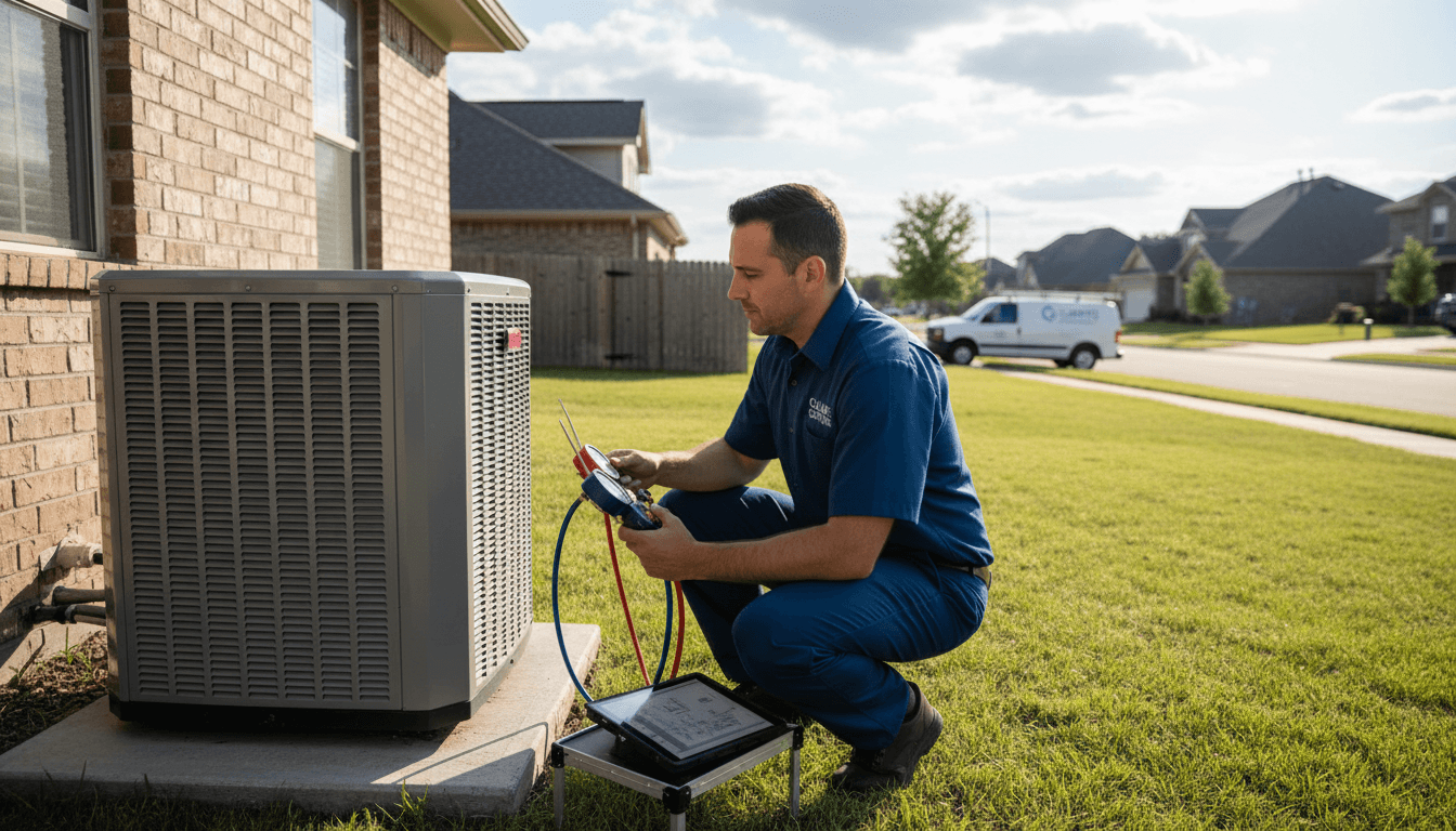 HVAC technician working on an outdoor air conditioning unit