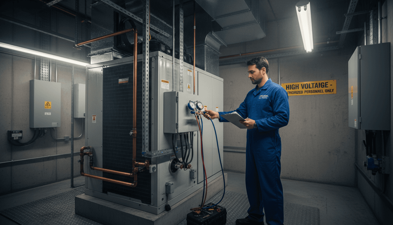 hvac technician inspecting air conditioning unit in mechanical room with gauges clipboard