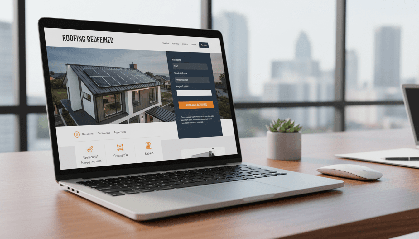 laptop showing a roofing contractor website with a contact form