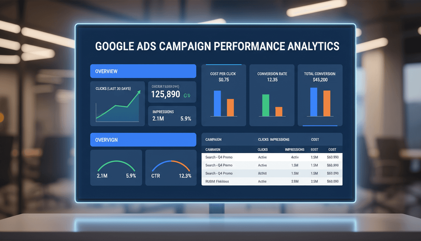 A laptop screen showing a Google Ads dashboard with campaign metrics and graphs