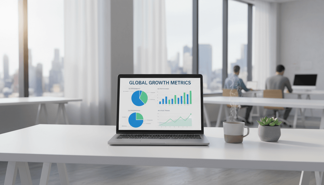 Open laptop displaying data charts and analytics on a clean wooden desk