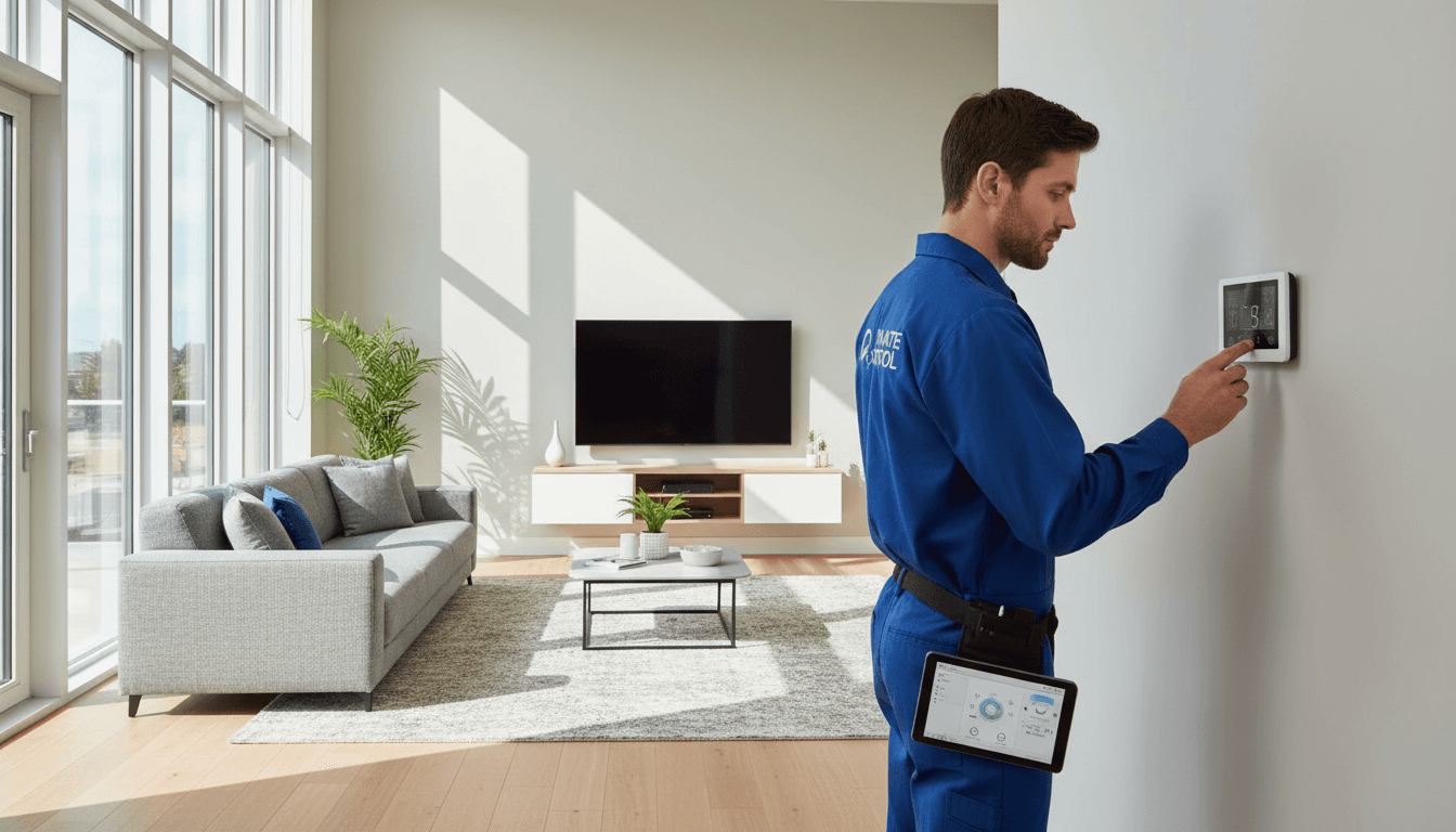 HVAC technician inspecting a thermostat in a clean, well-lit home