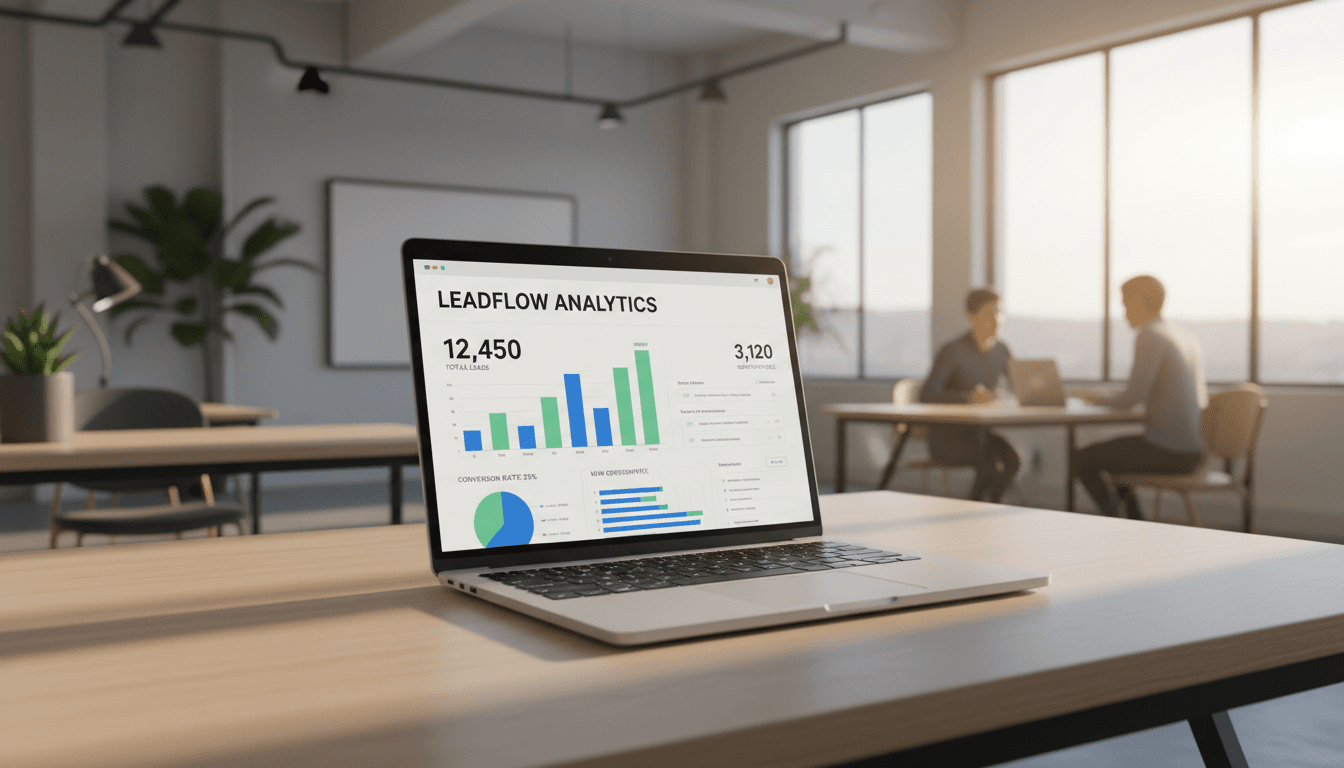 Laptop showing a clean analytics dashboard on a wooden desk in a bright office