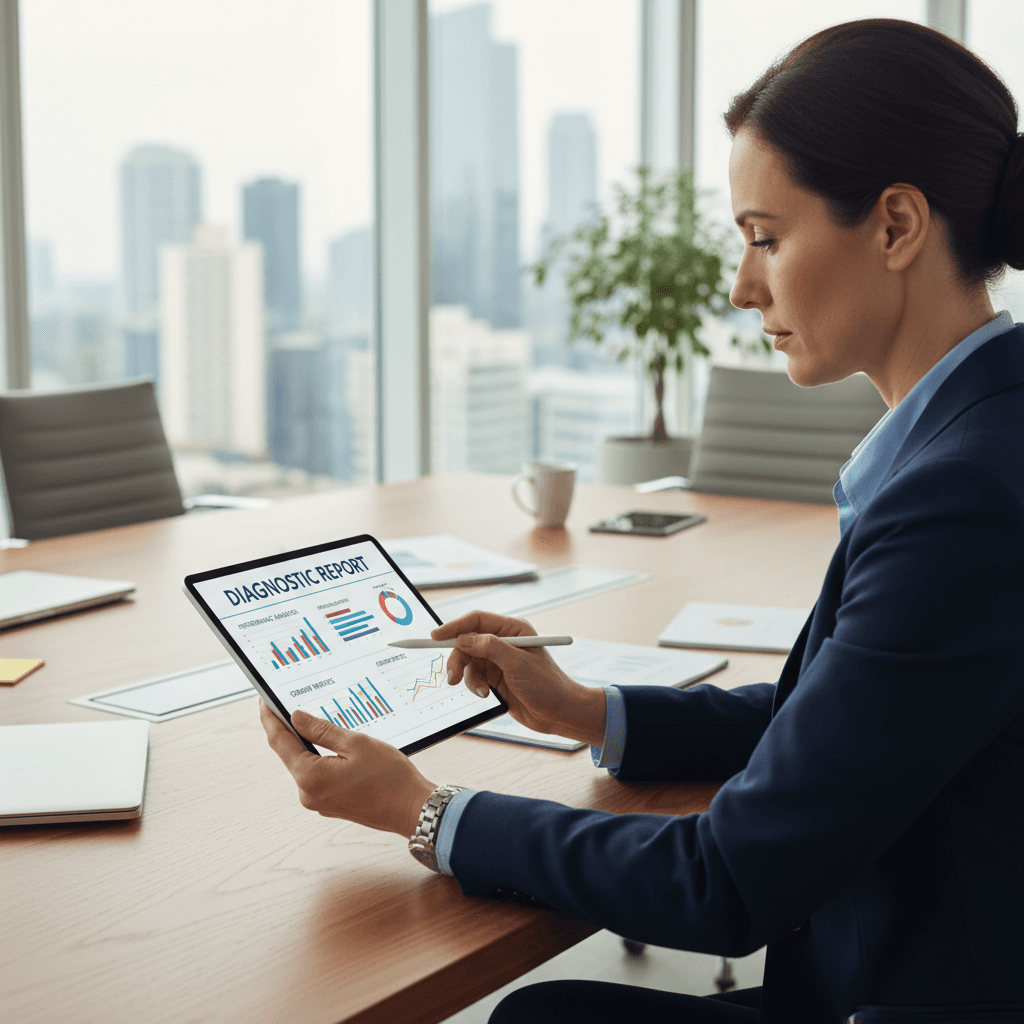 Business owner reviewing a diagnostic report on a tablet in a professional office setting
