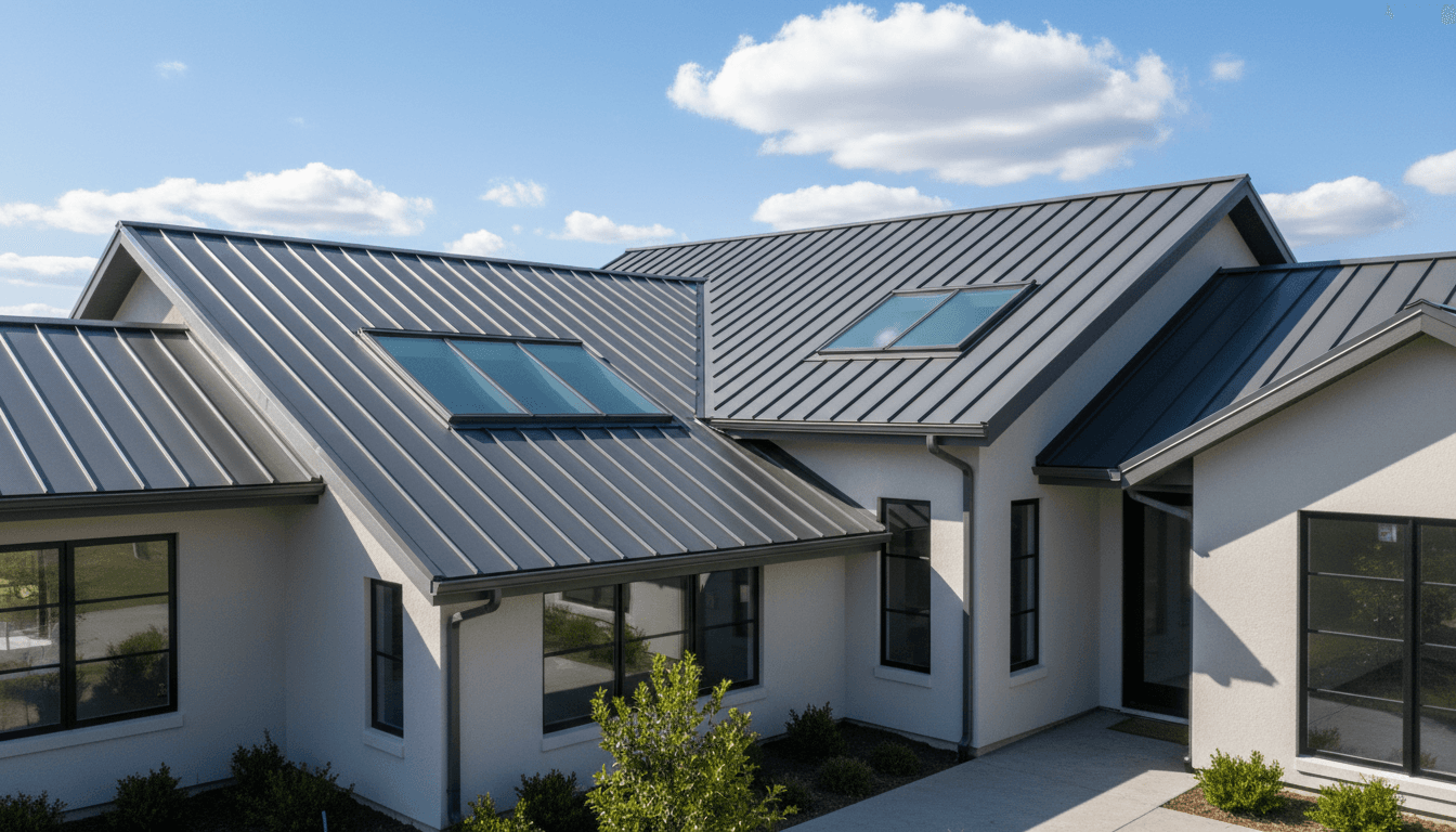 Residential roof with clear blue sky and clouds