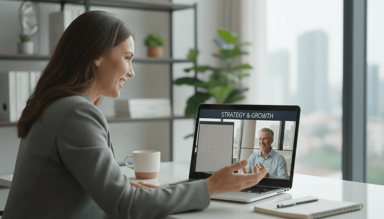 Business consultant on a laptop call with a client in a bright home office