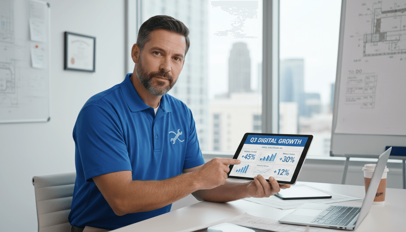Hvac contractor reviewing digital marketing report on tablet in office