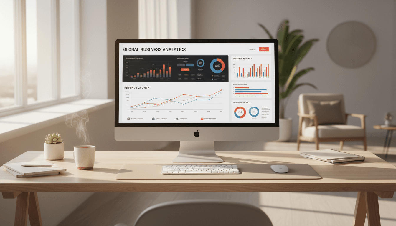 Office desk with computer displaying analytics charts