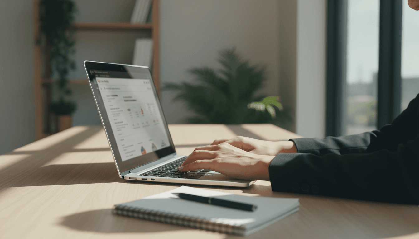 Laptop with blurred analytics dashboard on a clean desk