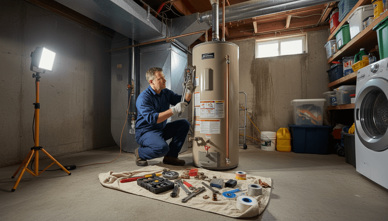 Plumber working on a water heater in a basement, focused on repair