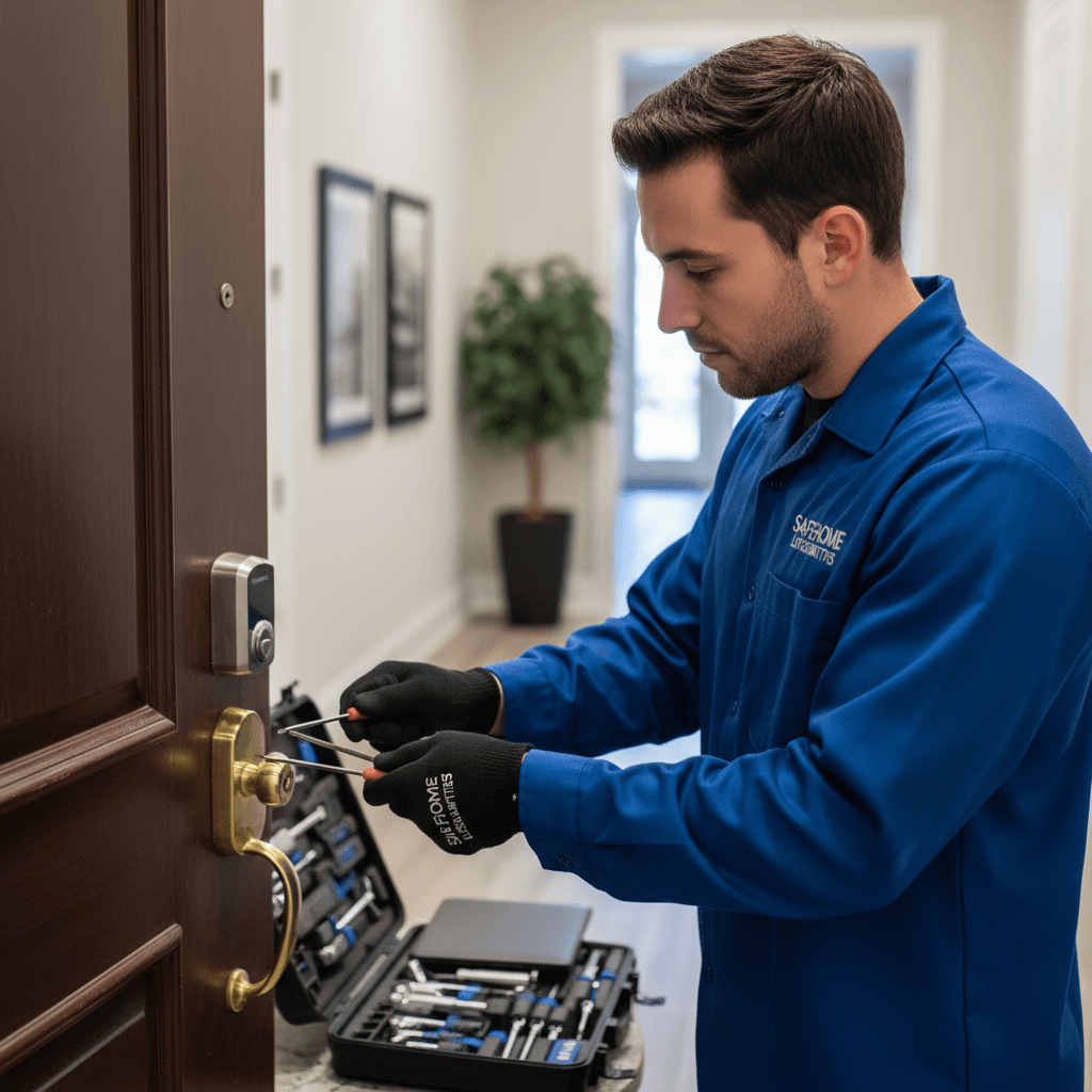 Locksmith working on a door lock with tools