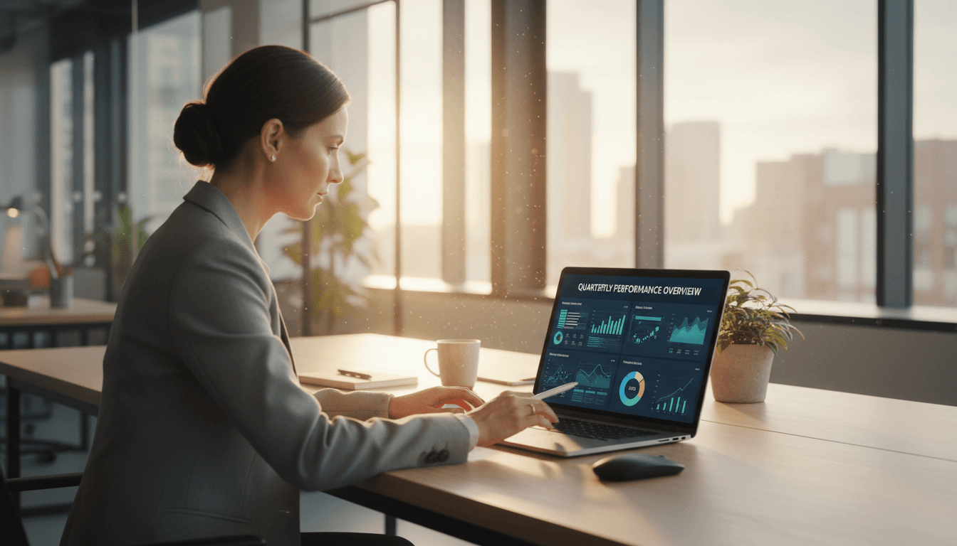 Person reviewing digital marketing analytics on a laptop screen in a clean, well-lit office