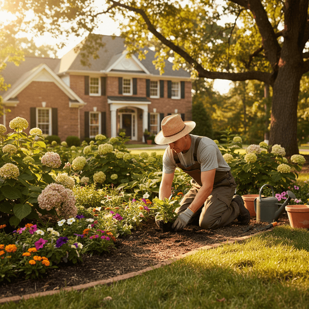 Landscaper kneeling while planting flowers in a garden