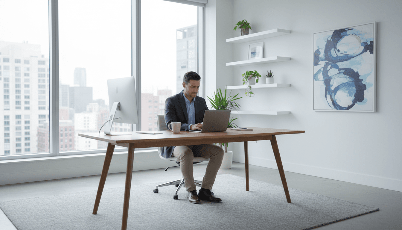 Professional working at a desk in a modern bright office with a laptop and paperwork
