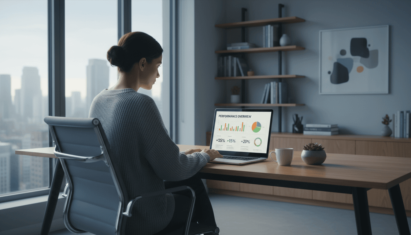 Person reviewing analytics dashboard on a laptop in a modern home office