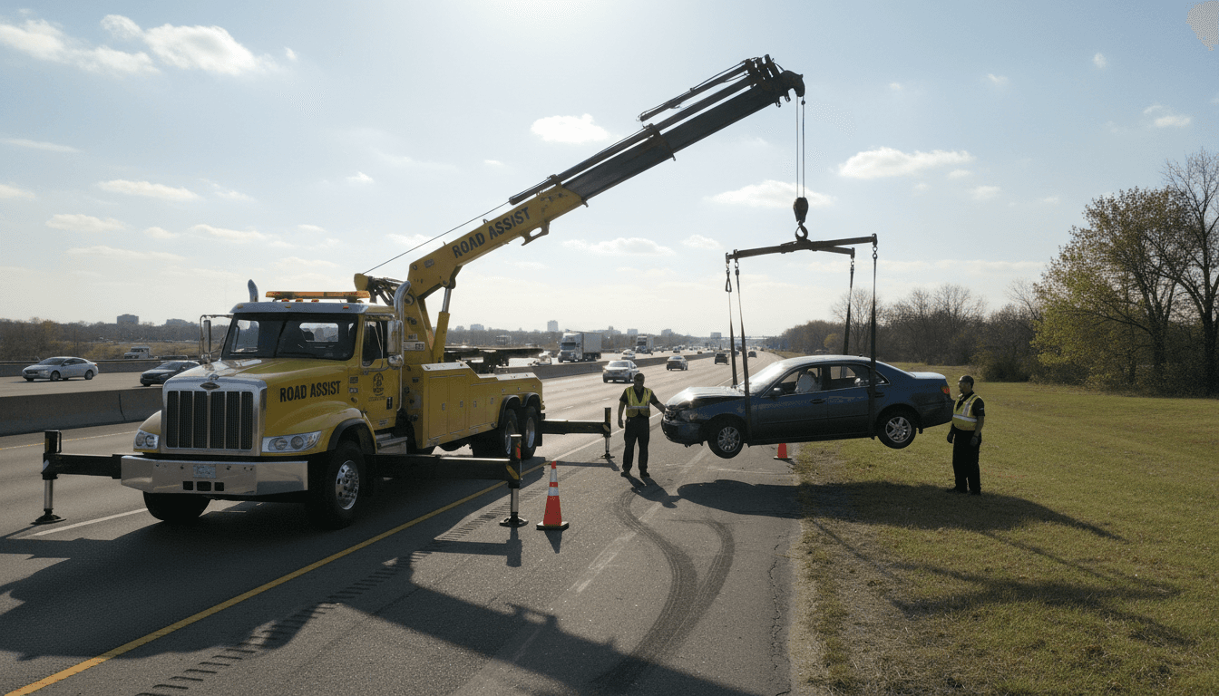 Tow truck lifting a car on a roadside