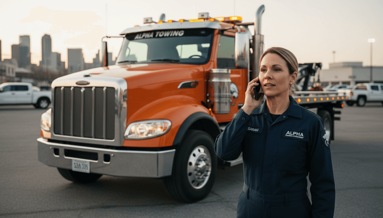 Tow truck driver speaking on phone with confident expression