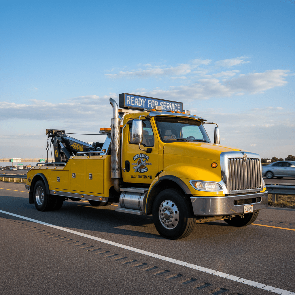 Tow truck on road ready for service call in suburban area