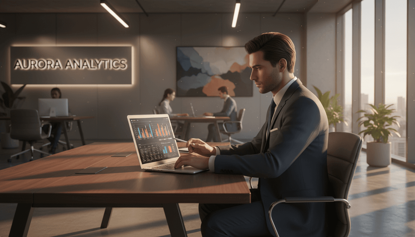 Professional reviewing data on a laptop in a modern office